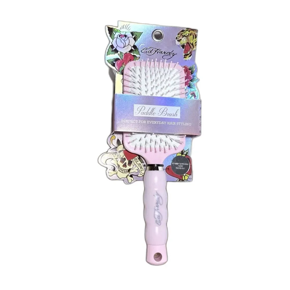 Ed Hardy Pink Paddle Detangler Hair Brush Comfortable Grip Handle NEW in Box